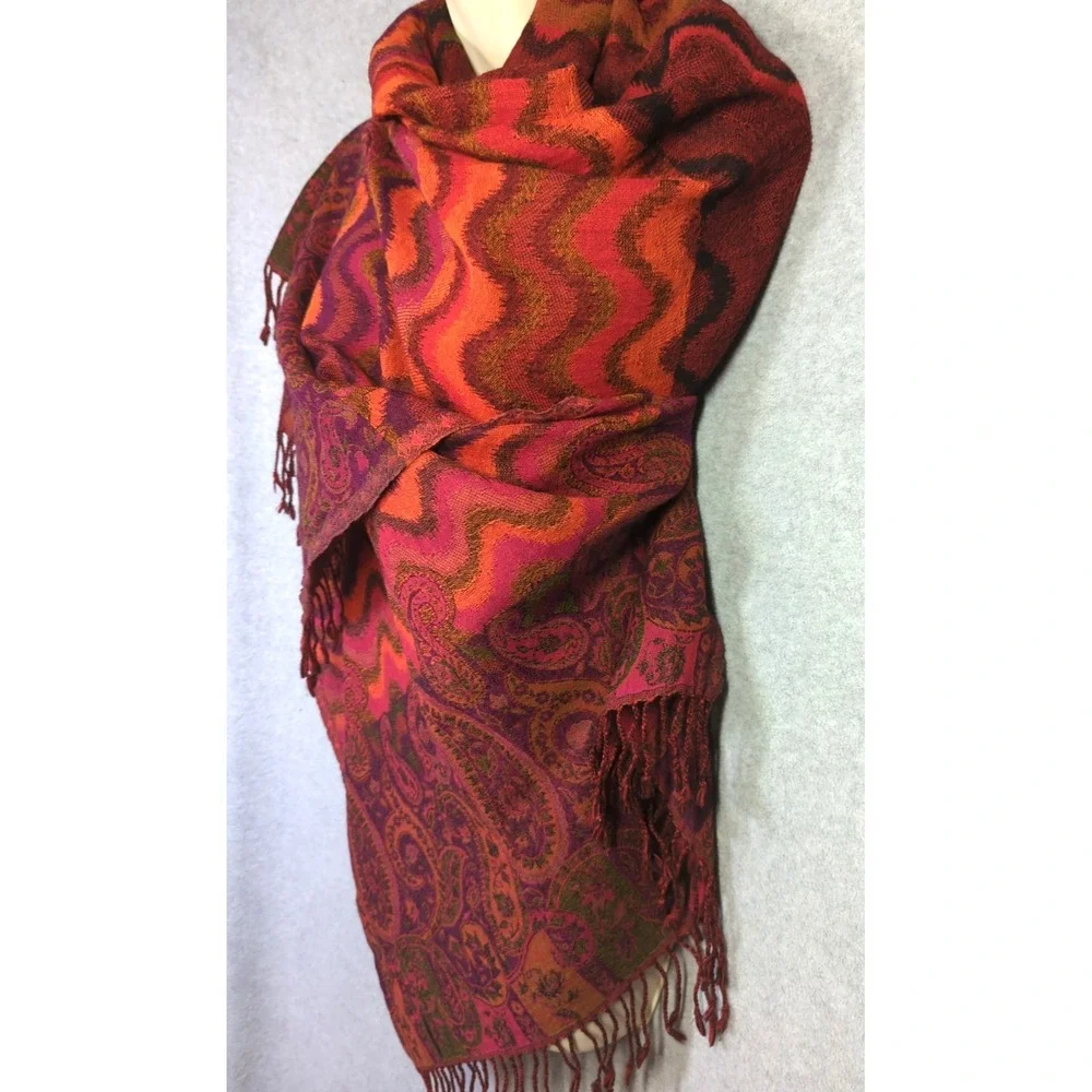 CODELLO 100% Wool Scarf Wrap  Abstract Paisley 68x26 Stunner Colors Chic Boho